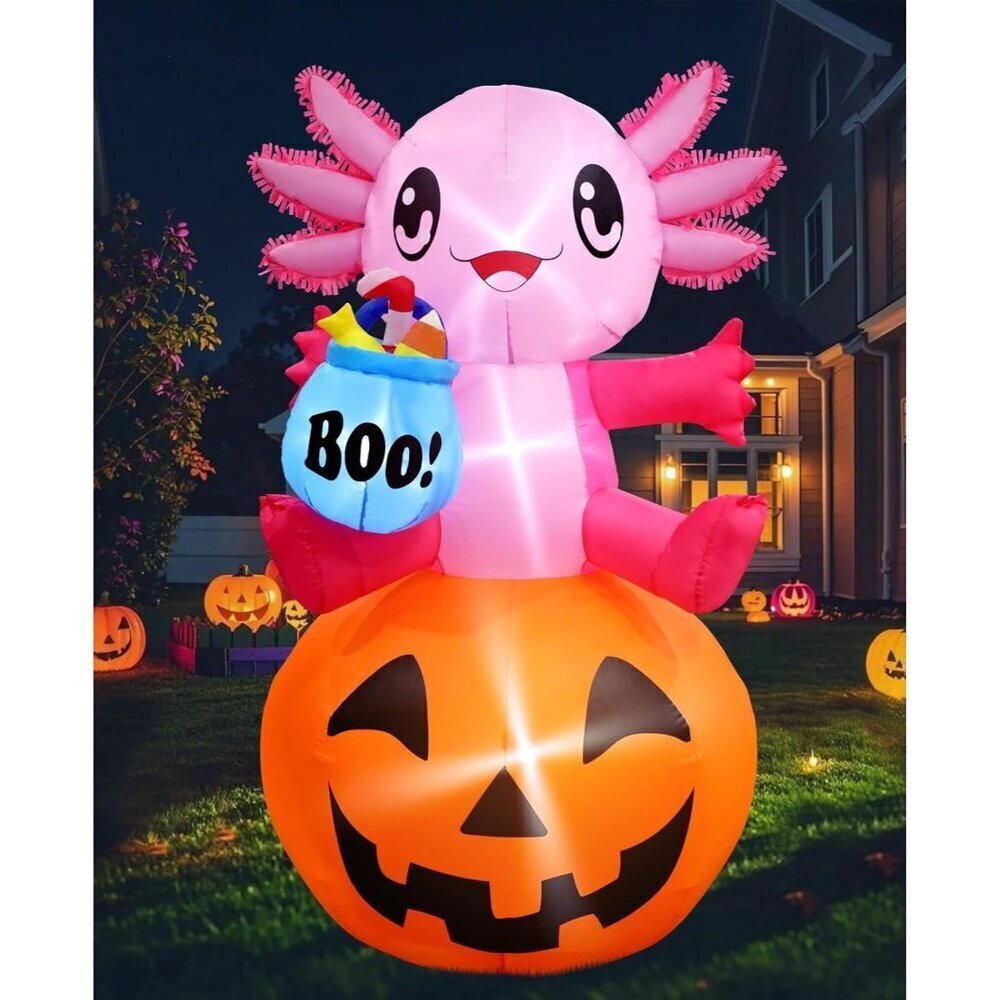 Halloween Inflatable Axolotl with Pumpkin and LED Lights for Outdoor Yard Decor